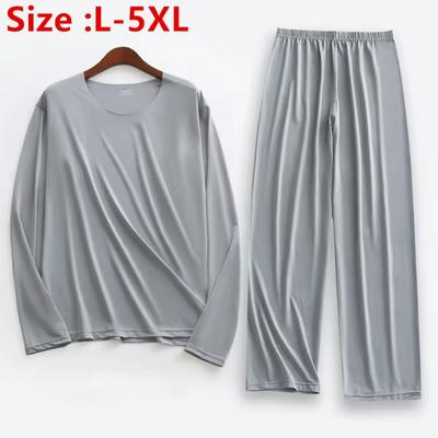 Frühling und Sommer Übergröße 5XL Herren Eisseide Pyjama Set Einfarbig Langarm Oberteile und Hosen Nachtwäsche 2-teilige Sets Weich Bequem Lounge Haus Nachtwäsche Männlich