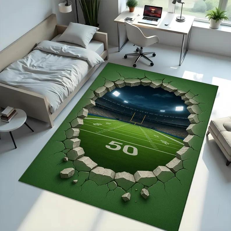 Soccer Field Rug with Team Logo Personalized Football Pitch Carpet Boys Room Man Cave Sports Fan Gift Retro Home Decoration