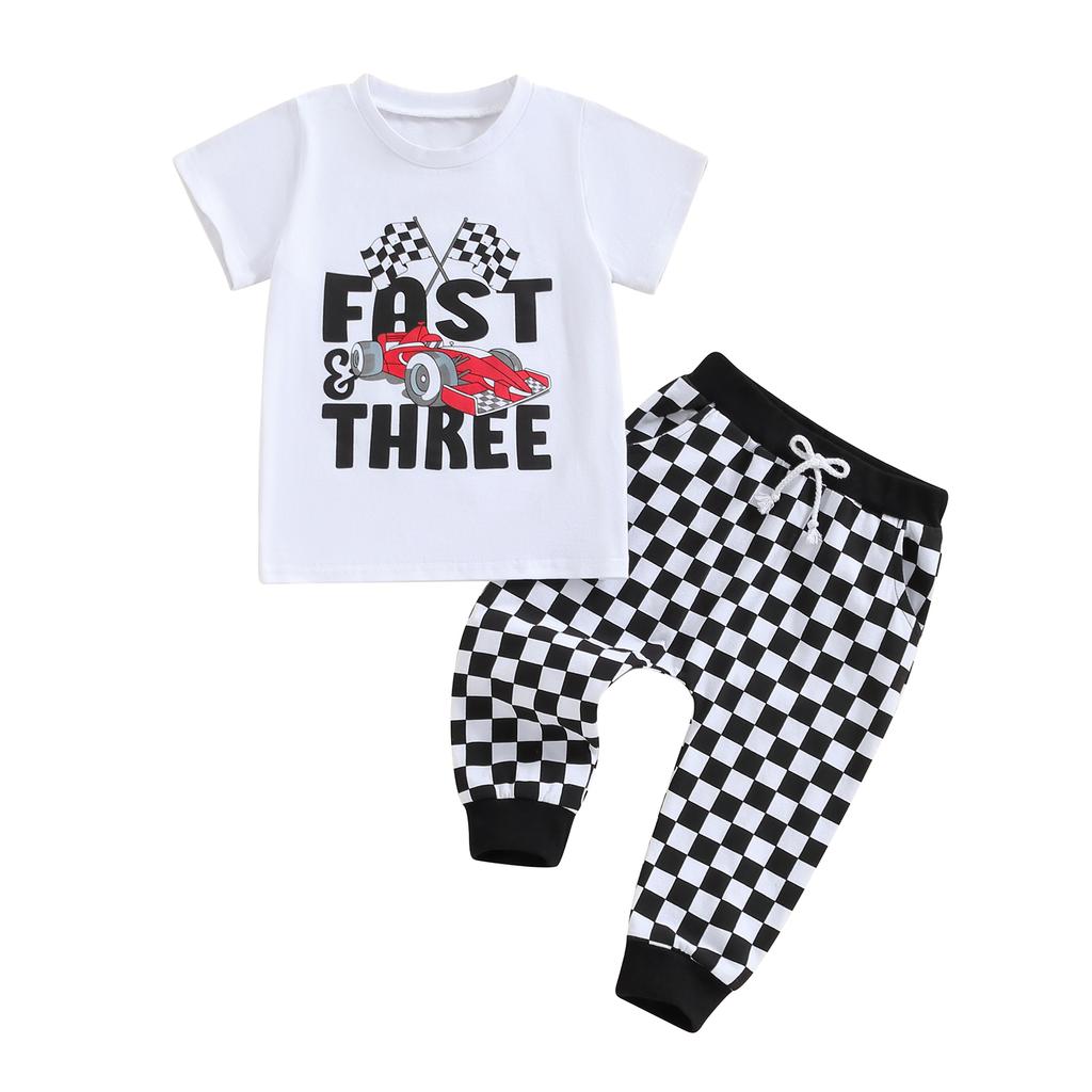 Baby Boys Birthday Outfit Summer Racing Car Print Short Sleeve T-Shirt and Checkerboard Pants Cute Clothes Set
