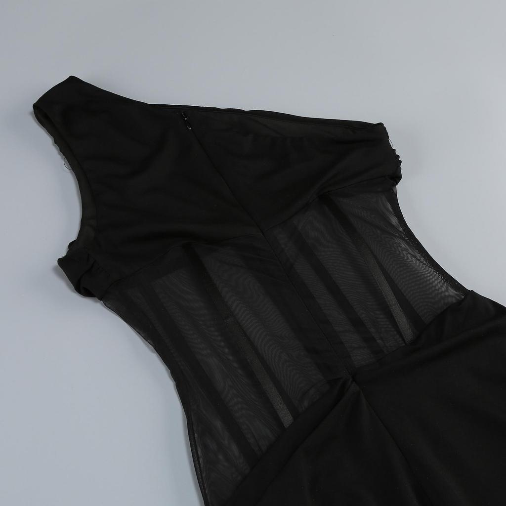 Elegant European One-Shoulder Party Evening Gown with High-End Mesh and Waist-Cinching Fishbone Design for Women