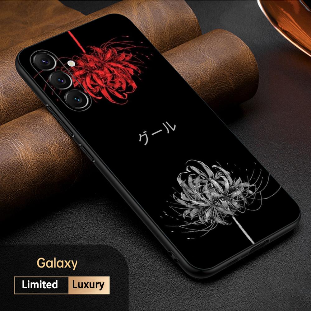 Handyhülle mit rotem Spinnenlilie-Motiv im japanischen Kunst- und Modedesign für Samsung Galaxy S26, S25, S24, S23, S22, S21 Plus, Ultra und Note20 (weich, schwarz)