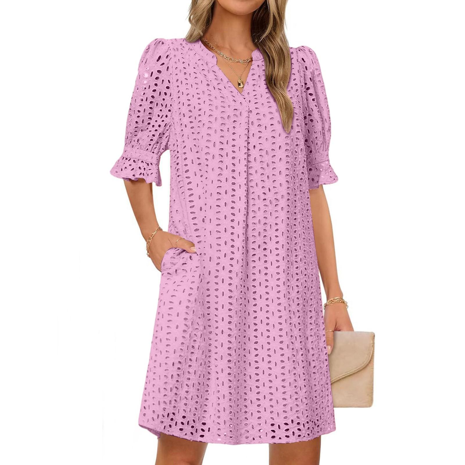 

Женское повседневное и модное однотонное платье с V-образным вырезом и ажурным кружевом M розовый