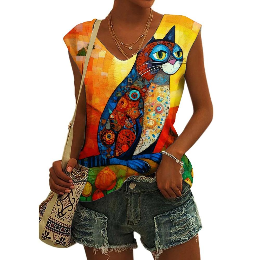 Women's Sleeveless T-shirts 3d Abstract Cat Print Vest Loose V-Neck T-shirts & Blouse Summer Breathable Basic Tops Tees