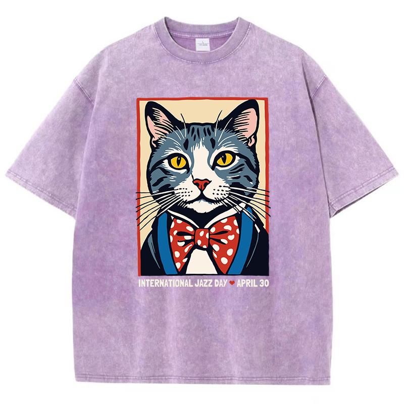 Cotton Woman Washed T-Shirts International Jazz Day April 30 Print Tee Shirts Distressed Crewneck Oversized Tops Clothes
