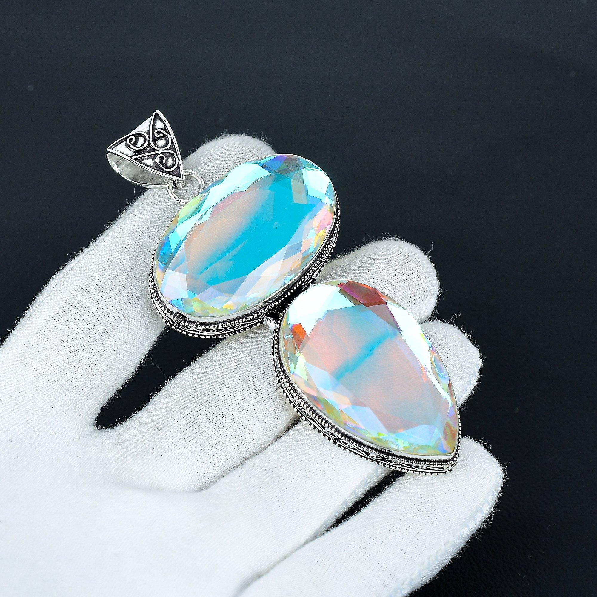 

Белый мистический топаз гигантского размера драгоценный камень ручной работы 925 стерлингового серебра ювелирный кулон, кулон большого размера для подарков, кулон с двойным топазом в подарок 2.56 белый