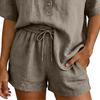 Conjunto de Verano de Algodón para Mujer, Top Holgado de Manga Corta con Botones y Cuello en V con Pantalones Cortos de Cintura Alta, Conjunto de 2 Piezas, Transpirable, Verano, Casual, Playa, Viaje