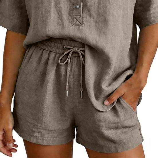 Conjunto de Verano de Algodón para Mujer, Top Holgado de Manga Corta con Botones y Cuello en V con Pantalones Cortos de Cintura Alta, Conjunto de 2 Piezas, Transpirable, Verano, Casual, Playa, Viaje