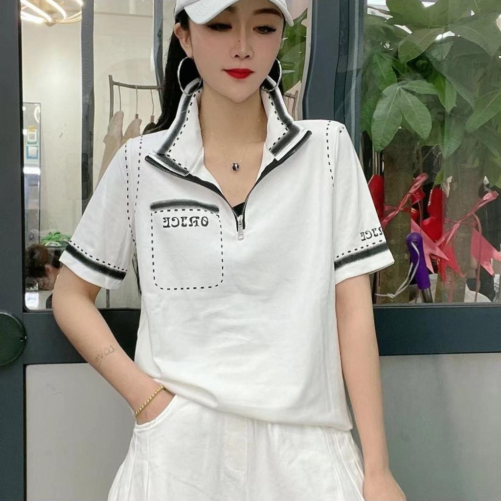 Stylish Summer New Fashion Print Age-Reducing Base Layer Women's High-End Half-Zippered Collar Short Sleeve T-Shirt