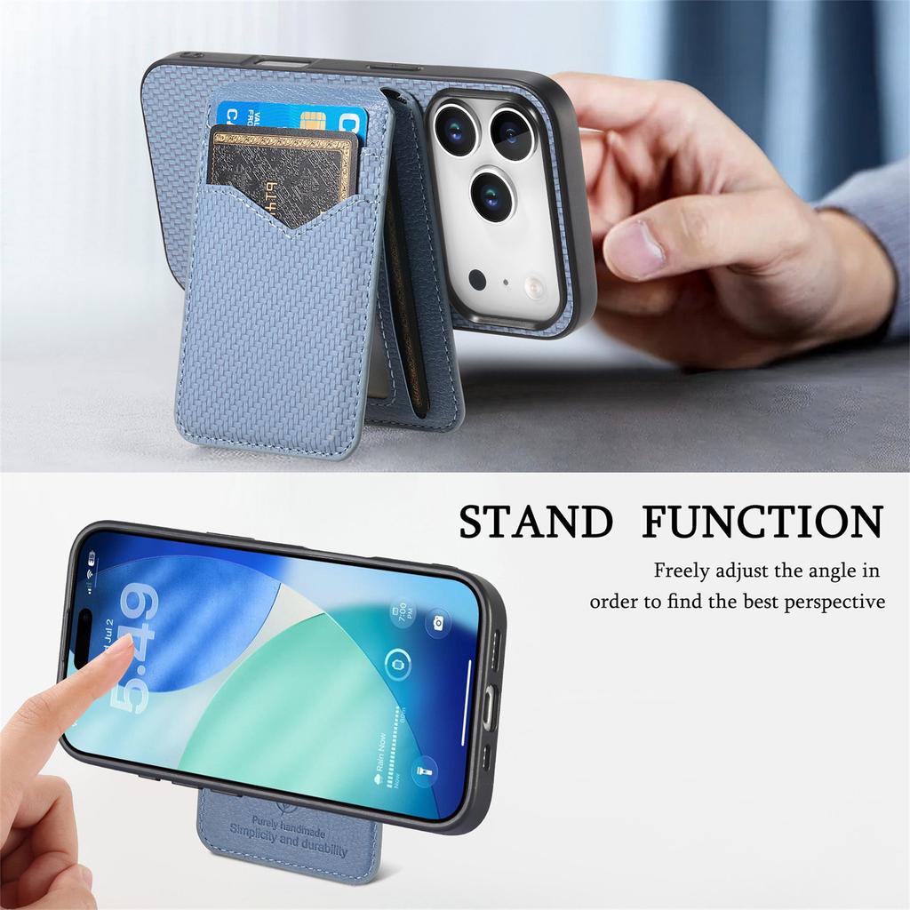For iPhone 17 Pro Magnetic Case Carbon Fiber Texture Back Cover with Detachable Card Holder