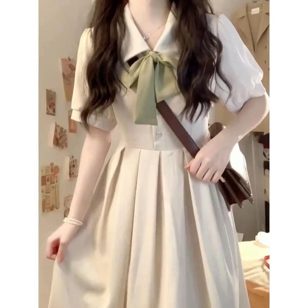 Summer College Style Lace-up Bow Dress for Women - Sweet Waist-Cinching Mid-Length A-Line Skirt