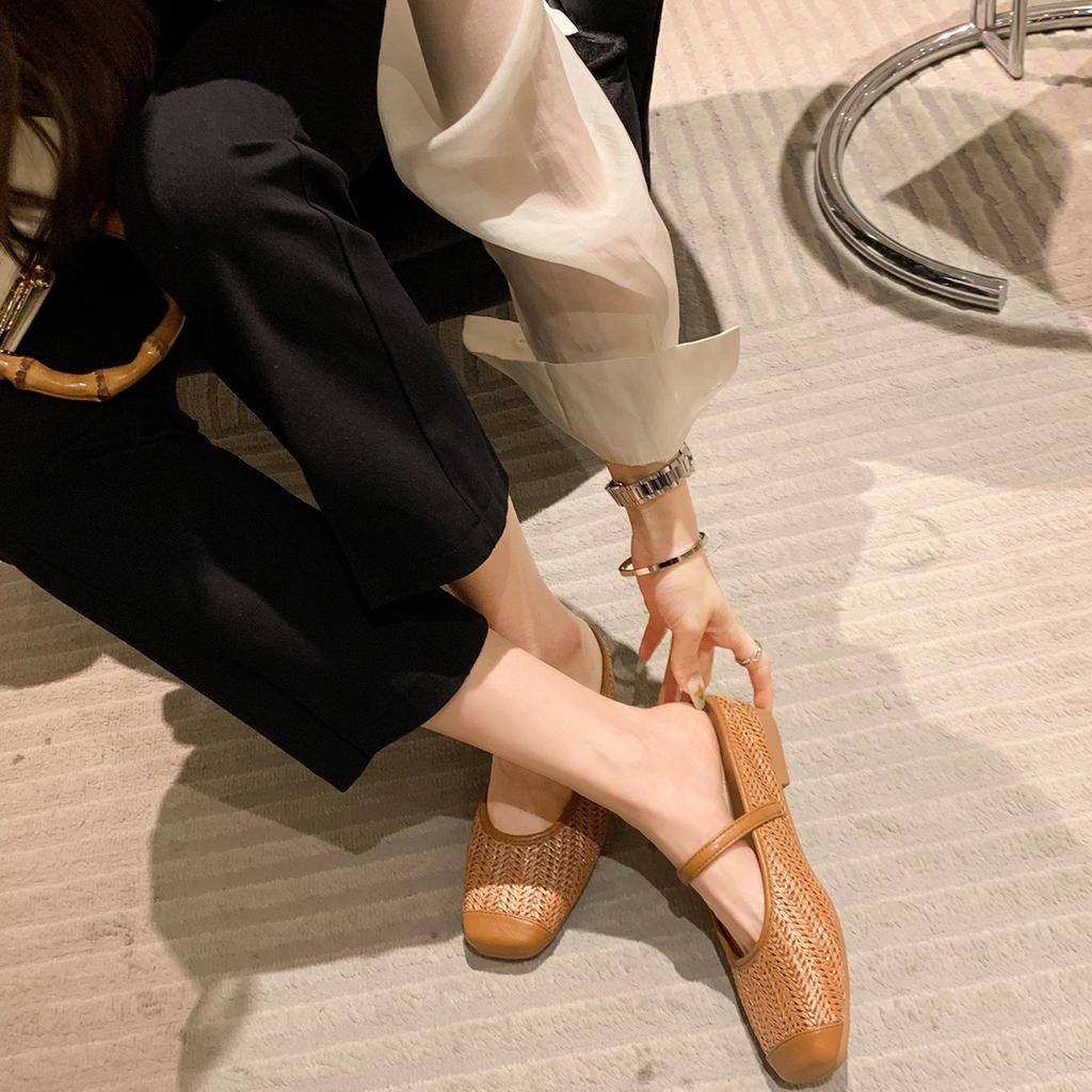 Lan Cabinet, Inner Height Increase of 5cm~ Flat-bottomed Holiday Style Straw Woven Square Head Cool Slippers Lazy Half Slippers Women Wear Summer