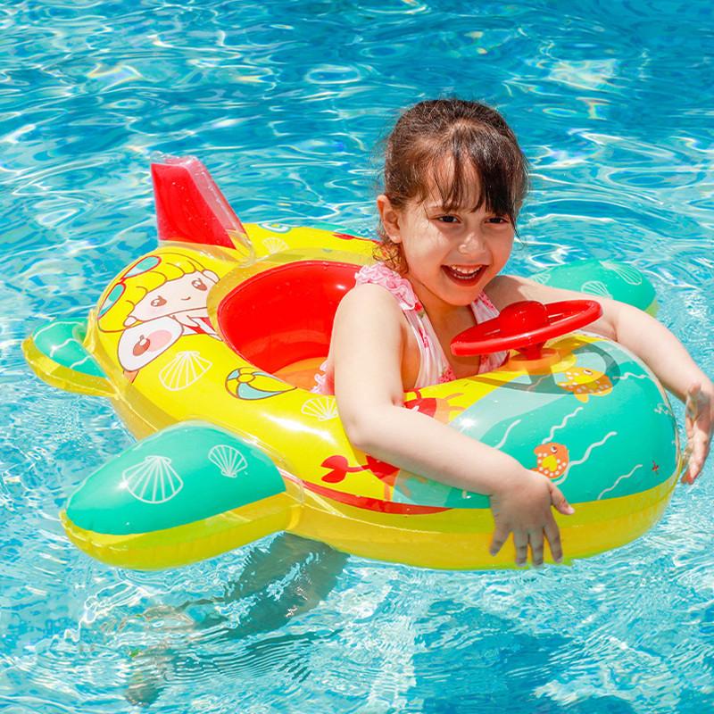 Eco-friendly Pvc Material Cartoon Inflatable Bottom Steering Wheel Boat For Children Swim Seat Ring Infant Toddler Aircraft Boat Float Ring