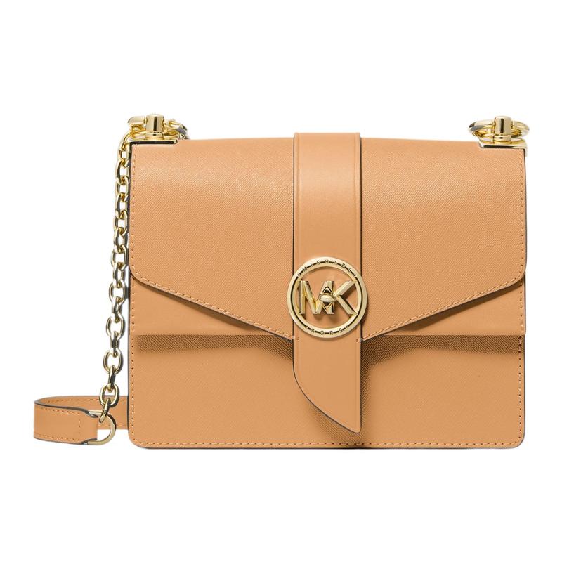 MICHAEL KORS Greenwich letters round logo chain flap cowhide shoulder crossbody bag small size women s peanut color