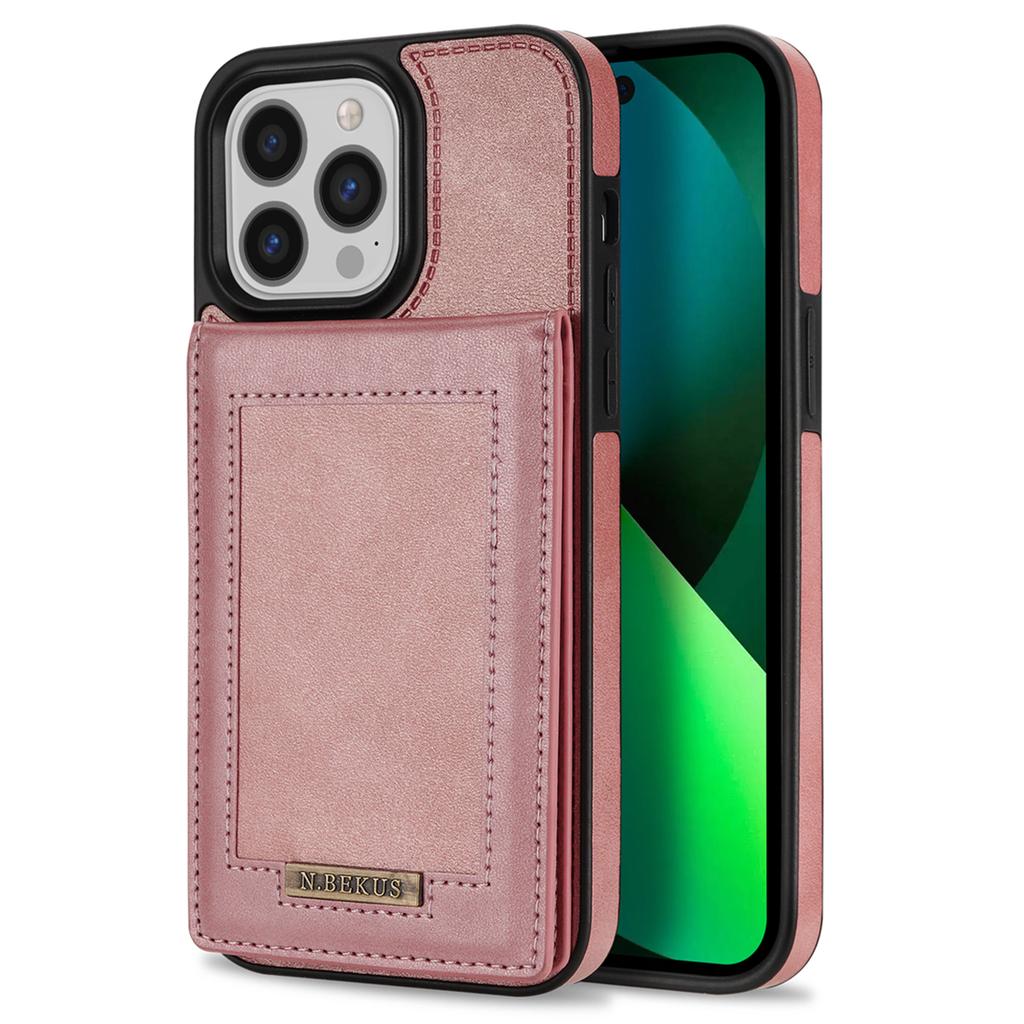 N.BEKUS For iPhone 16 Pro Kickstand Case RFID Blocking Leather+TPU Phone Cover with Card Slots