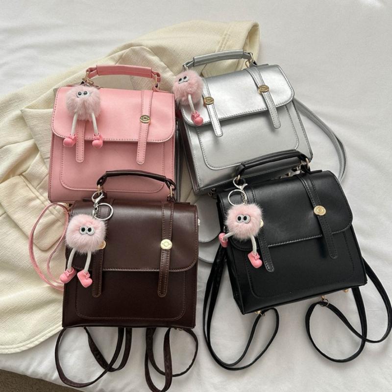 Vintage Faux Leather Casual Backpack with Cute Plush Charm Retro Flap Shoulder Purse with Top Handle Bag for Women Commuter