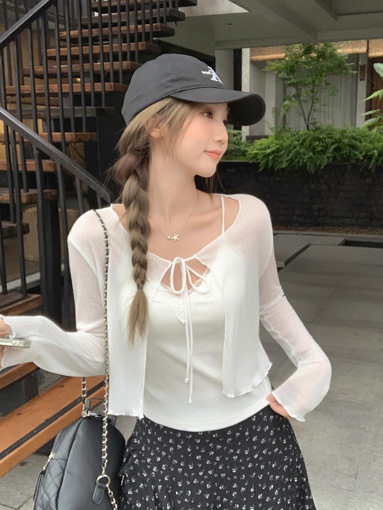 French temperament white thin fungus edge with long-sleeved sunscreen blouse cardigan women's summer with suspenders small top
