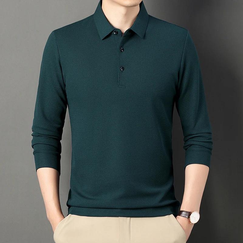 Spring Autumn Waffle Men's Long-sleeved Polo Shirt Business Casual Slim Top Classic Solid Color Male Brand Tees