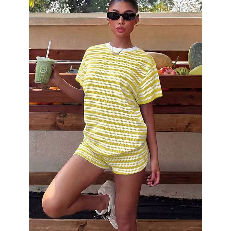Summer Casual Striped Short Sleeve Tshirt And Shorts Lounge Set For Women