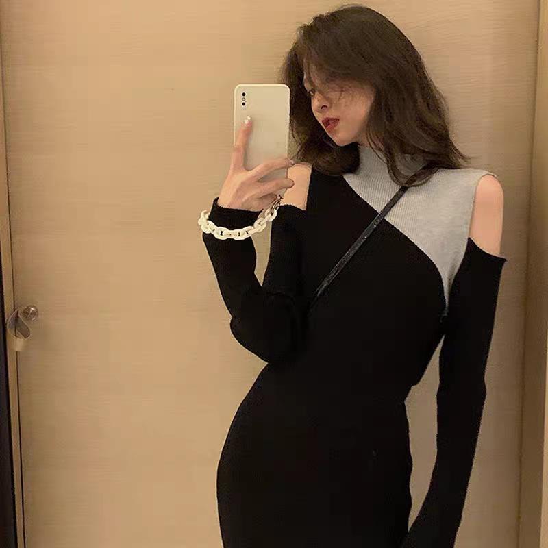 

Новое нишевое контрастное цветное вязаное платье с полувысоким воротником, новый свитер с открытыми плечами, юбка, осень и зима XL