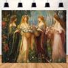 Four Seasons Women Garden Art Tapestry Floral Dress Wall Hanging Vintage Painting Home Decor Romantic Living Room Art Print