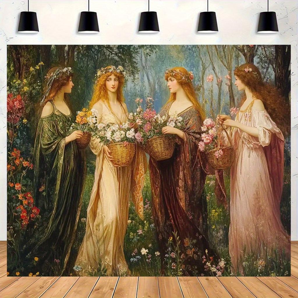 Four Seasons Women Garden Art Tapestry Floral Dress Wall Hanging Vintage Painting Home Decor Romantic Living Room Art Print