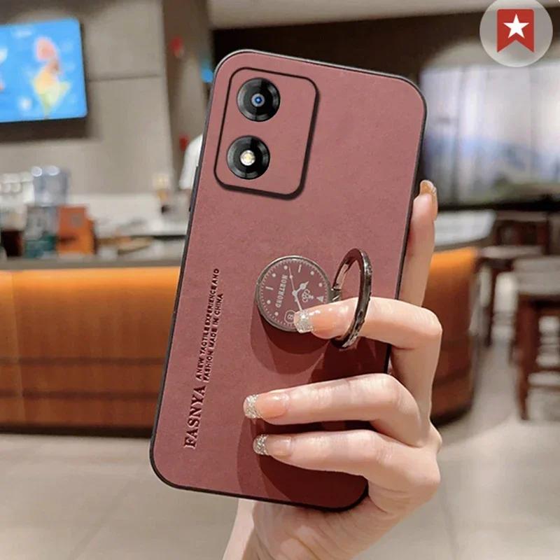 Sheepskin Leather Ring Stand Holder Phone Case For Motorola Moto G85 E13 5G E14 Matte Lens Protection Shockproof Back Cover
