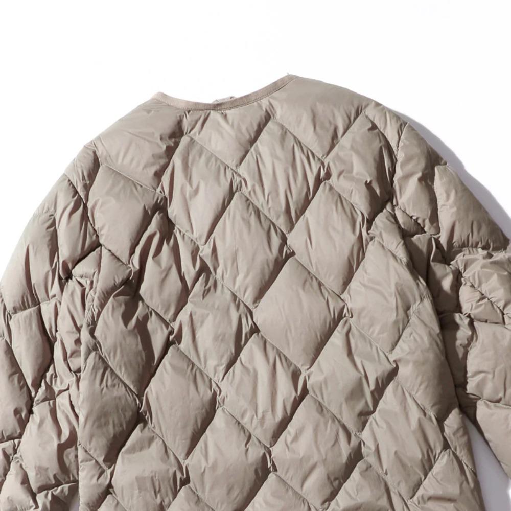 Women Ultralight White Duck Down Long Jacket Argyle V-neck Collar Casual Autumn Winter Outwear Coat