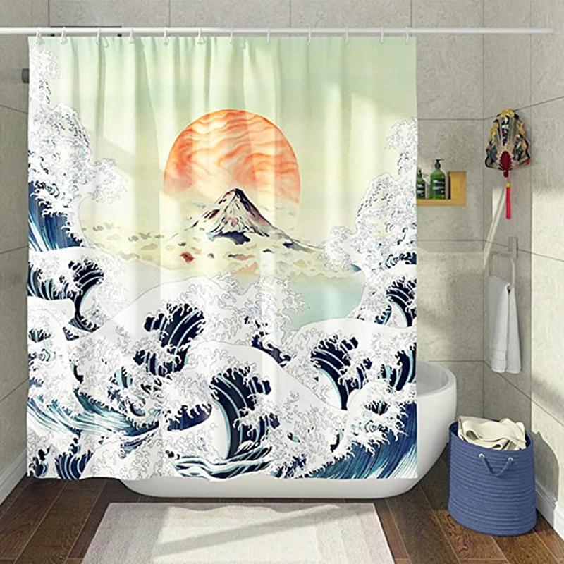 Artistico Blu Navy La Grande Onda Tenda da Doccia Giapponese Asiatica Kanagawa Anime Pittura Decor Impermeabile Set di Tende da Bagno