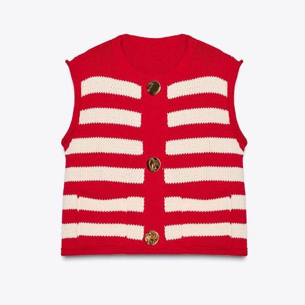 European and American Wholesale 2025 Autumn New Women's Clothing, Striped Knitted Sleeveless Crew Neck Vest Top, Pocket Vest