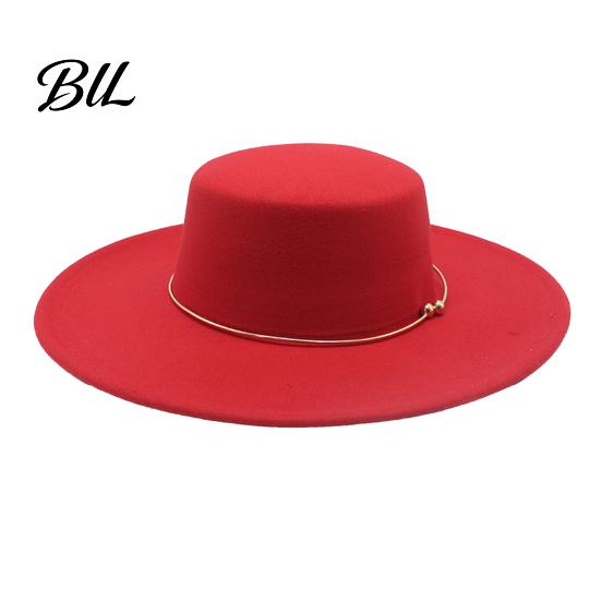 Classic Wide Brim Hat Retro Flat Top Hat, Wool Felt Pork Pie Bowler with Vintage Style Fedora Metal Ring, Trilby for Women Men Autumn Winter