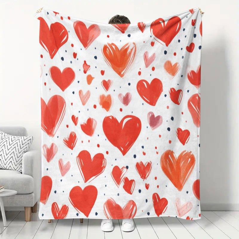 1pc Watercolor Heart Print Flannel Blanket, Valentine's Day Romantic Red Heart-Shaped Blanket, Sofa Throw Blanket, Bedroom Warm Nap Blanket, Wedding a