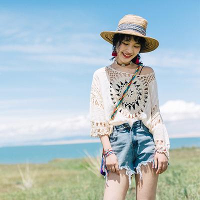 Sexy Pullover Handgehäkelt Hohl Halbrunder Strickpullover Strandüberwurf Sommer Damen Siebenärmel Spa Shirt