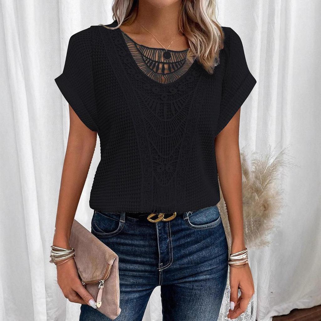 2025 Spring/Summer Lace Spliced Short Sleeve T-shirt, Women's Cross-border Fashion