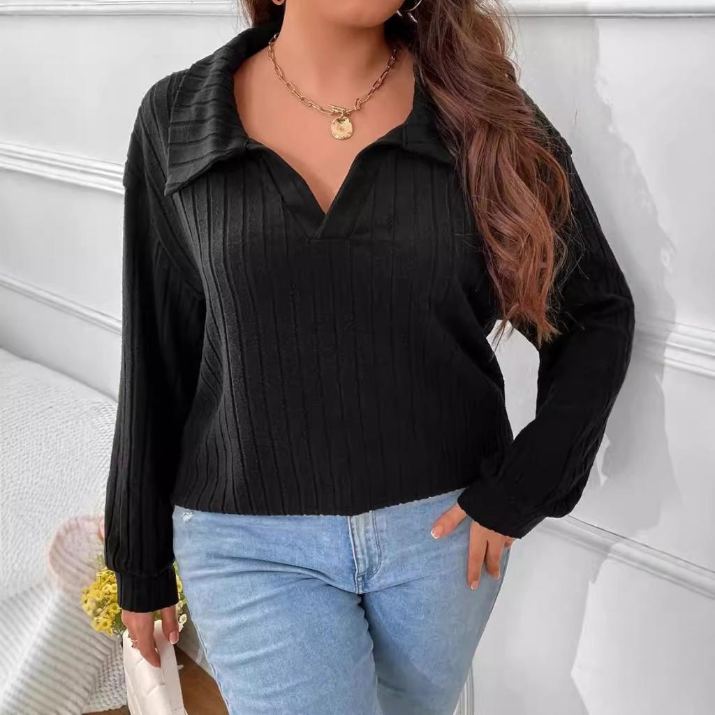Autumn Winter New Solid Color Plus Size Women's Top V Lapel Long Sleeve Ribbed Brushed T-shirt Loose Casual