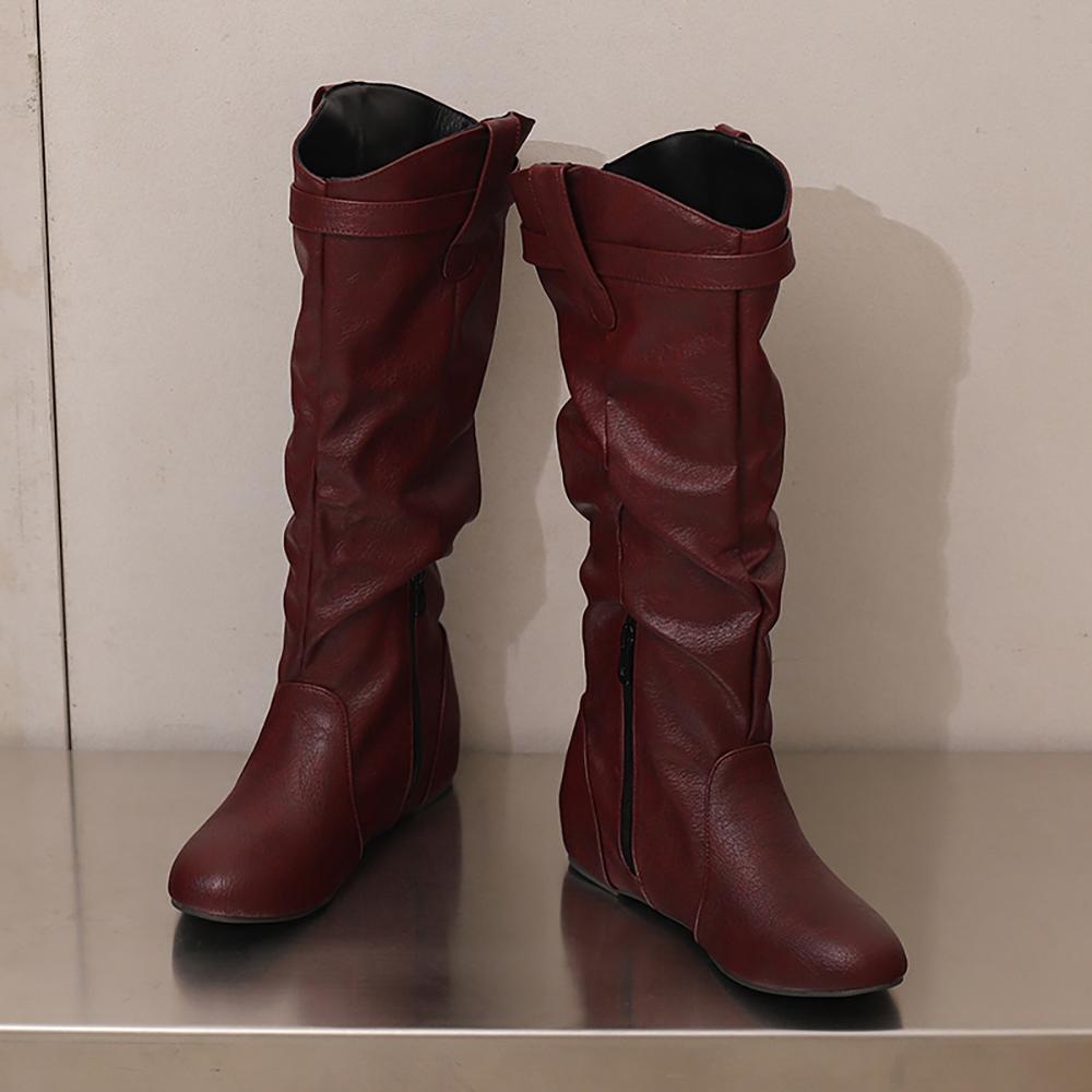 Yellow Wine Red Women Mid Calf Boots Med Wedge Heel Big Size 50
