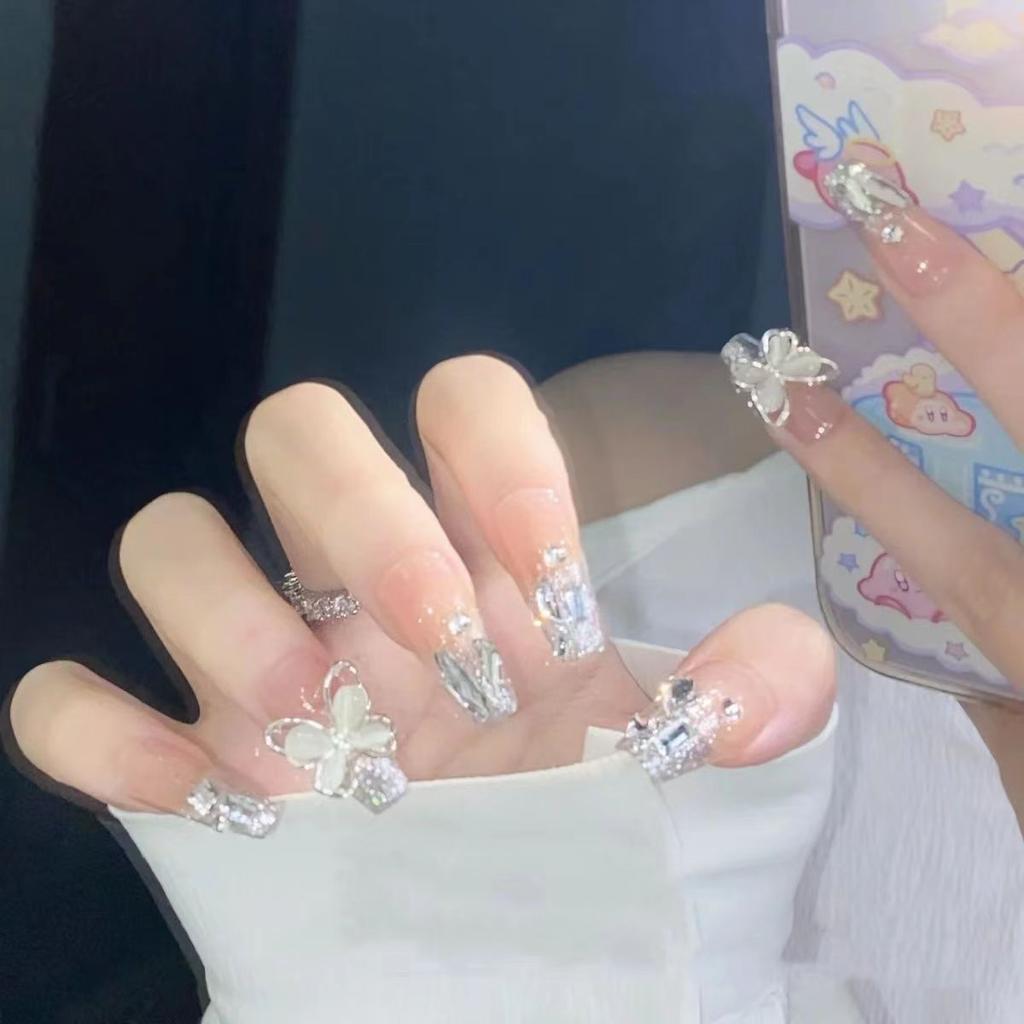 10pcs/set Handmade Fake Nails Nail Stickers Exploding Silver Diamond Cat's Eye Stone Bow Wearable Nails Removable
