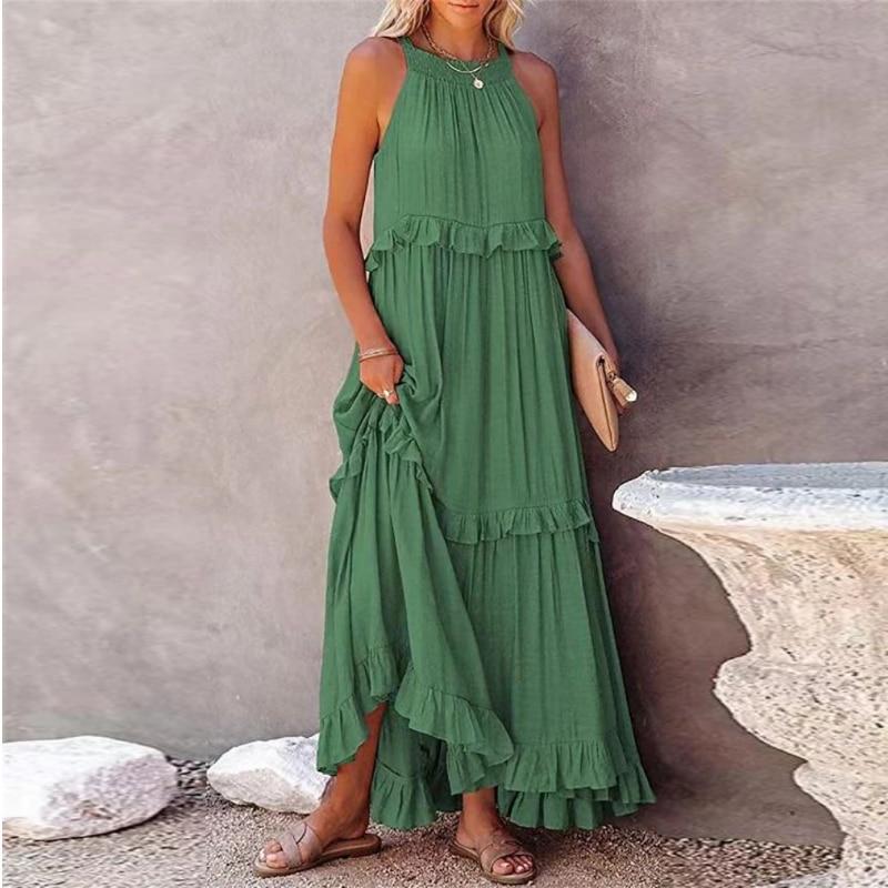 Sweet Ruffles Μακρύ Γυναικείο Φόρεμα 2023 Καλοκαιρινό μονόχρωμο Φόρεμα για Αμάνικα Φορέματα με στρογγυλό γιακά Διακοπών 26204