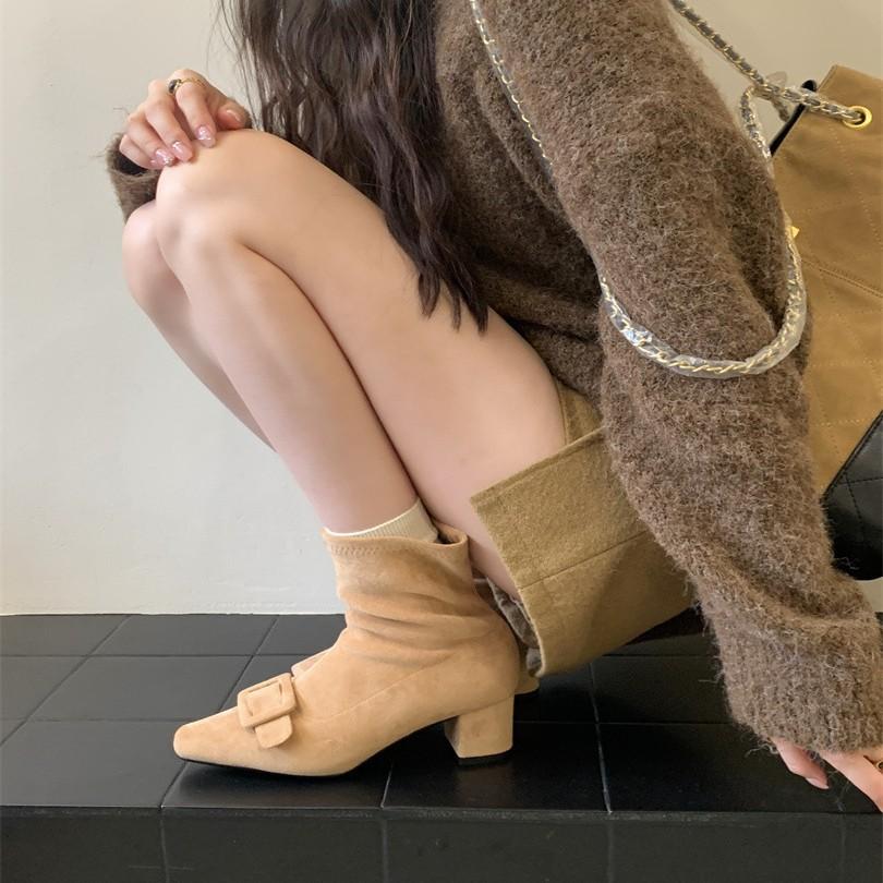 Damenstiefel mit quadratischer Schnalle, Wildleder, dünnem Absatz, Seitenreißverschluss, kurze Stiefel, Damen-Hochstiefel, schlanke Beine, hoher Schaft, elastische dünne Stiefel