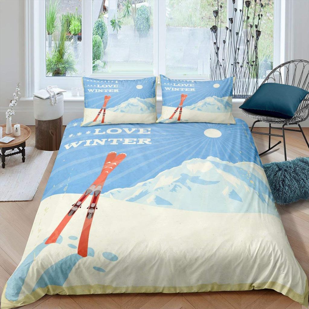 Winter Ski Sports King Queen Duvet Cover Snow Skiing Bedding Set Cartoon High Mountain Landscape 2/3 Pcs Blue White Quilt Cover