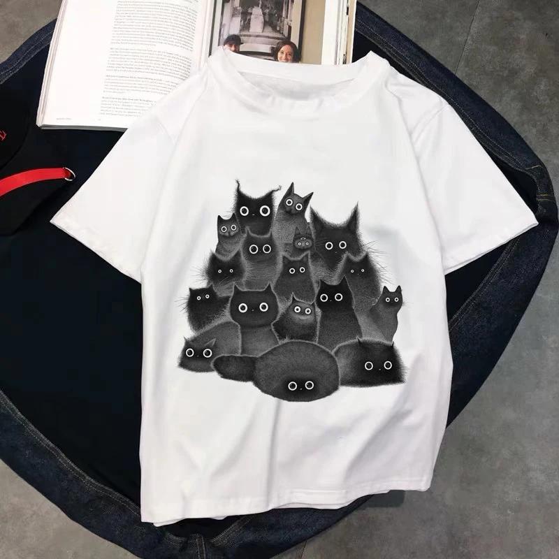 Kawaii T Shirts Women Cat New Tops Female Tshirt Loose Tshirt Summer Tee White Tshirts Round Neck Oversized T Shirt