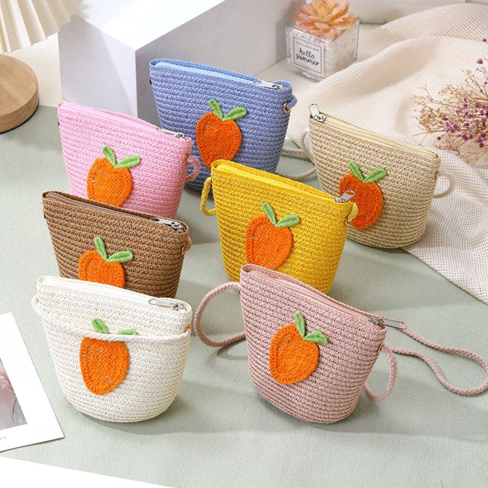New Straw Crossbody Bag Fruit Woven Coin Purse Handbag Girls Kids