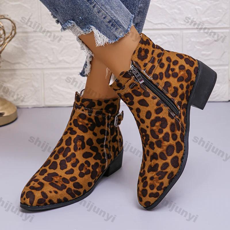 Women Pointy Buckle Ankle Boots Autumn Comfortable Low Heeled Short Boots Woman Suede Leopard Chunky Heel Chelsea Boot