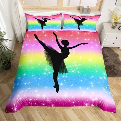 Rainbow Bedding Set for Girls Ballet Duvet Cover Dancing Ballerina Silhouette Comforter Cover Twin Tie Dye Starry Sky Bed Cover