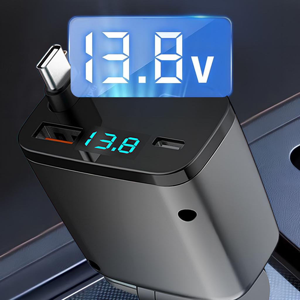 Retractable Car Charger, Fast Car Phone Charge, Type C Retractable Cables And 2 Ports Charger Adapter