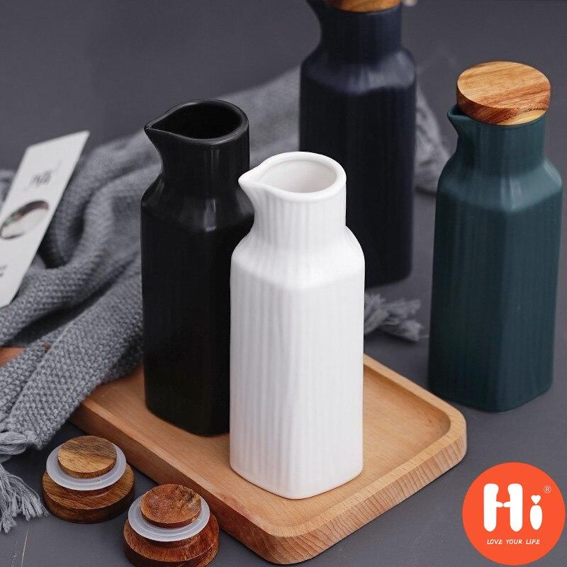 Hi Japanese Ceramic Salt Jar with Bamboo Lid Soy Simple Sauce Bottle Creative Leak-Proof Oil Vinegar Bottle Kitchen Tableware