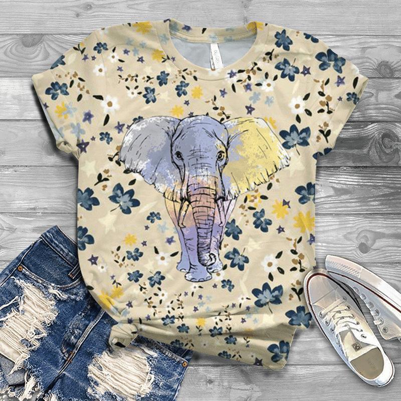 Letní Nové Pánské a Dámské Slon 3D Digitálně Potištěné Kulatý Výstřih Volné Tričko s Krátkým Rukávem Pár Tričko
