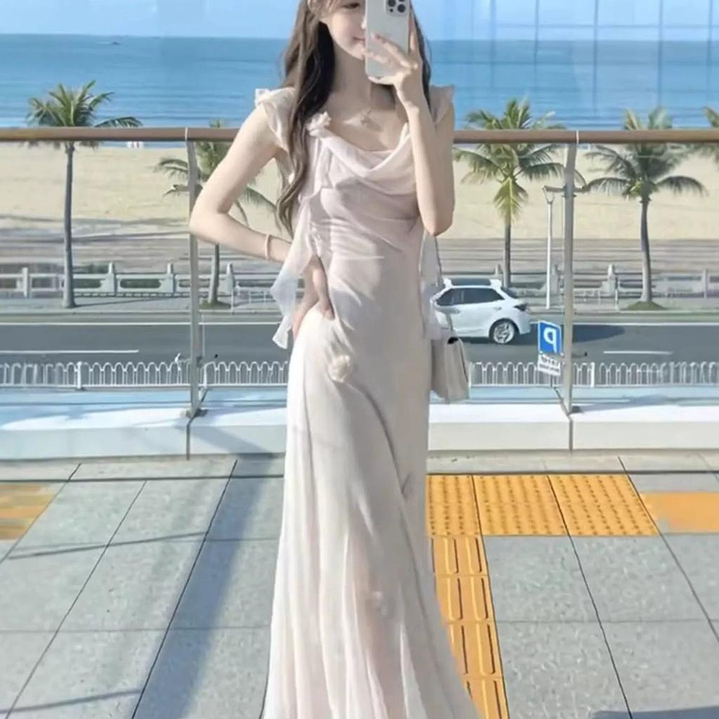 Gentle Temperament Super Fairy Swing Collar Suspender Dress Summer New Elegant and Beautiful Waist Medium and Long Dress Women