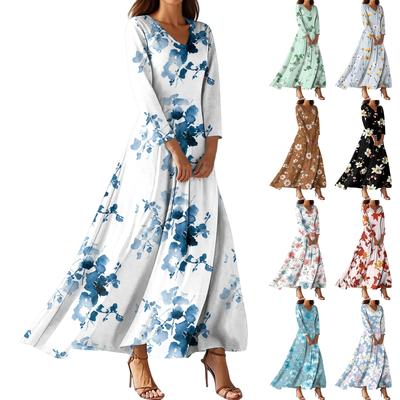 Vestidos de Praia Flutuantes com Decote em V da Moda Feminina, Vestidos Estampados Florais de Sete Mangas