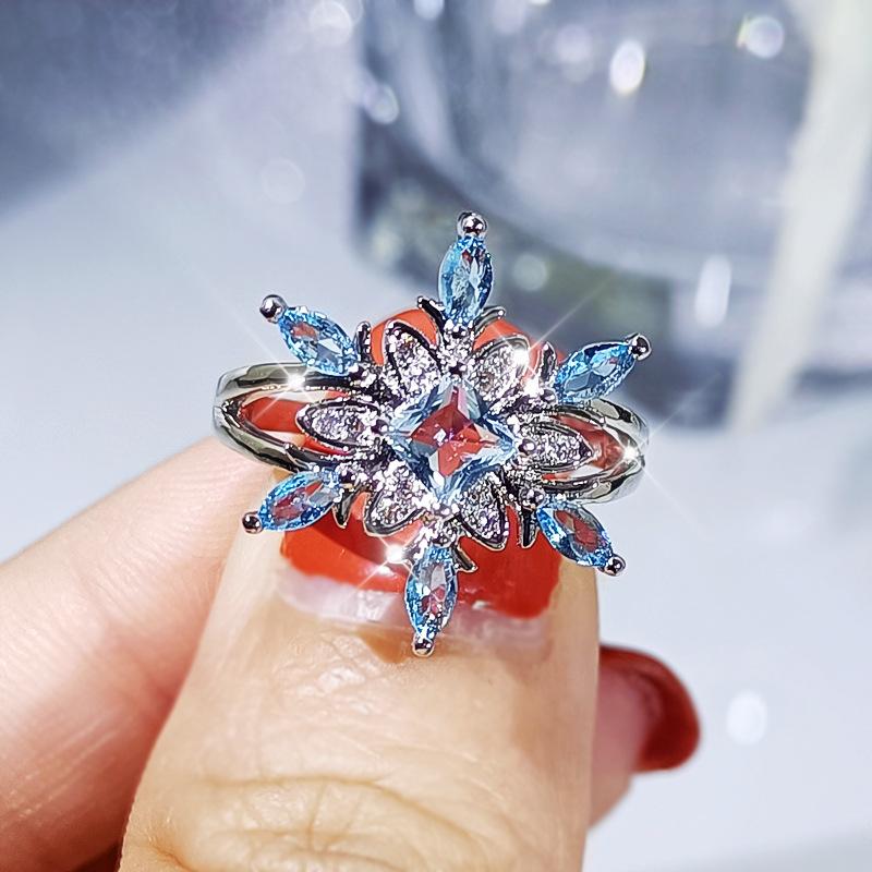 Silver Classic Snowflake Ring Shape Blue Zircon Wedding Jewelry Set Female Earring Necklace Ring Three-piece Set