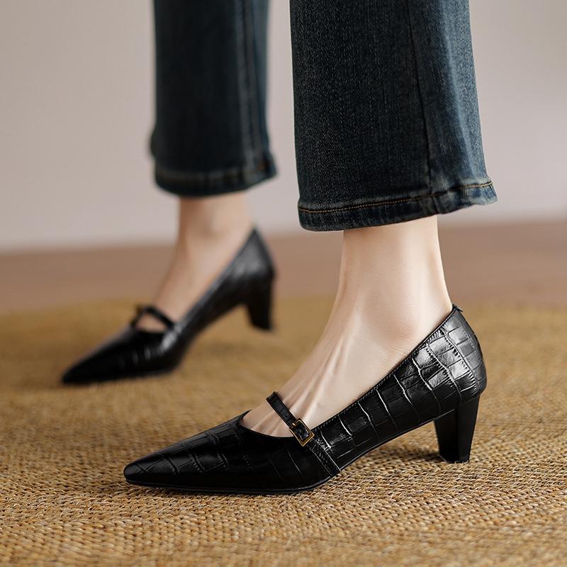 Fashion Women's New Four Seasons Genuine Leather Printed Cowhide Pointed High Heels Retro Belt Buckle Mary Jane Shoes Work Single Shoes